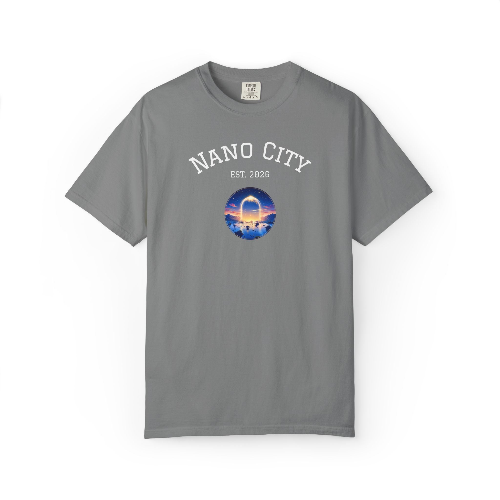 Nano City Est. 2026 Graphic T-Shirt — Morning Dawn Globe